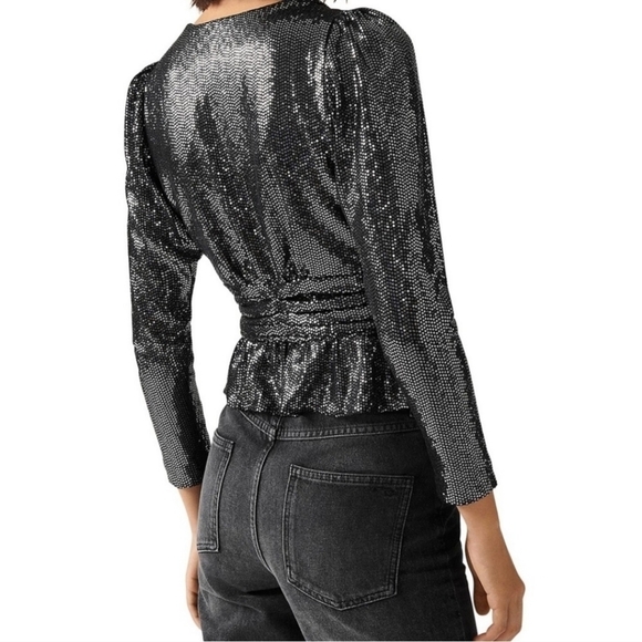 New BA&SH Mae Sequin Top Long Sleeve V Neck Peplum Party Sparkle Noir Black XS - Picture 9 of 17